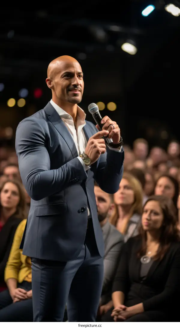 Bald motivational speaker giving a speech on stage