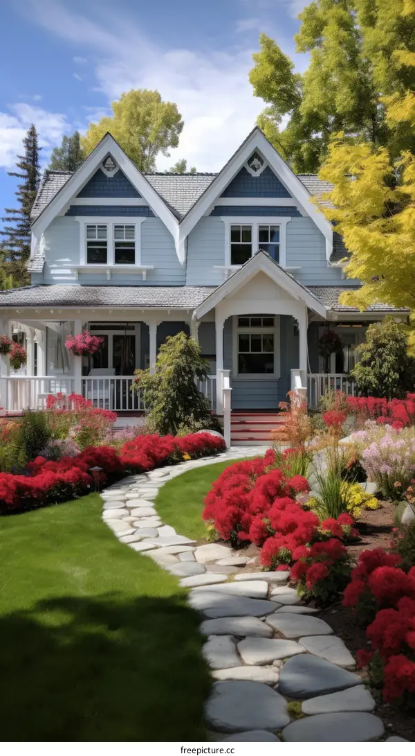 Small blue house with red flowers in the front yard