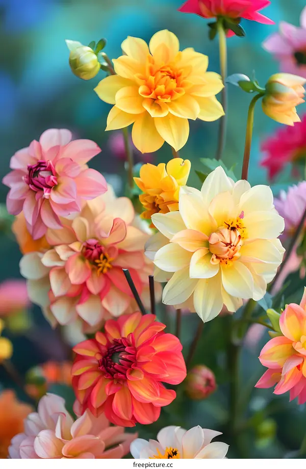 Beautiful Colorful Dahlia Flowers Blooming In The Garden