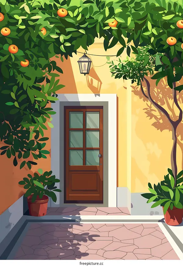 Yellow House with a Wooden Door and Greenery