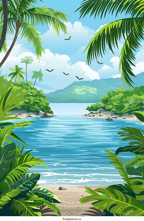 Tropical Beach With Palm Trees And Blue Water