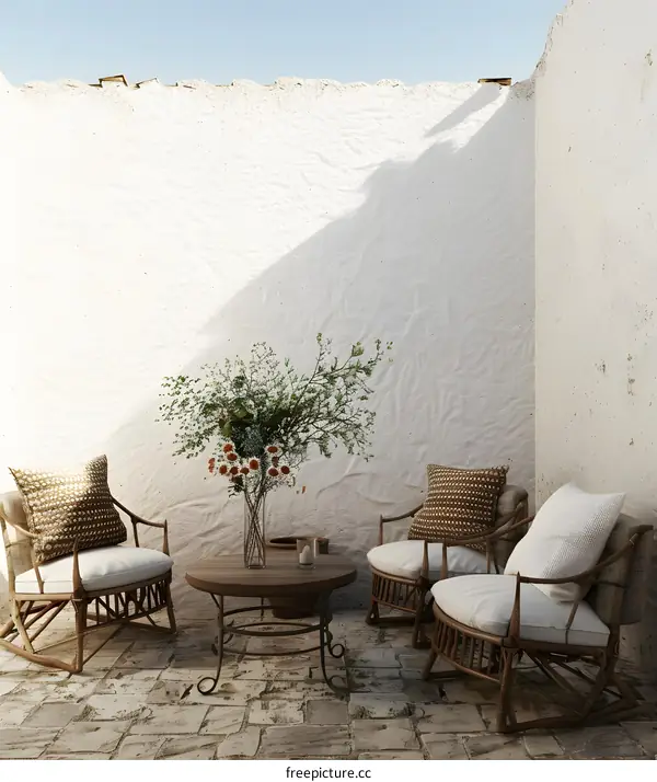 White Wall Courtyard with Wicker Chairs and Flowers