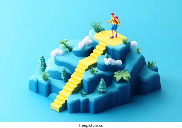 Low Poly 3D Illustration of Man Walking on Yellow Stairs Up a Blue Mountain