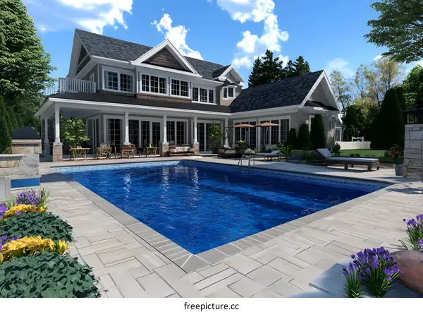 Backyard Pool Design with Patio and Large House