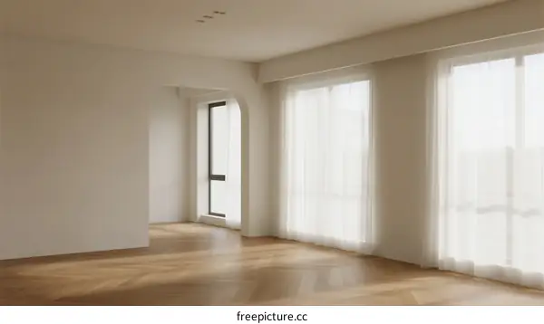 Bright and spacious empty room with large windows and wooden floor