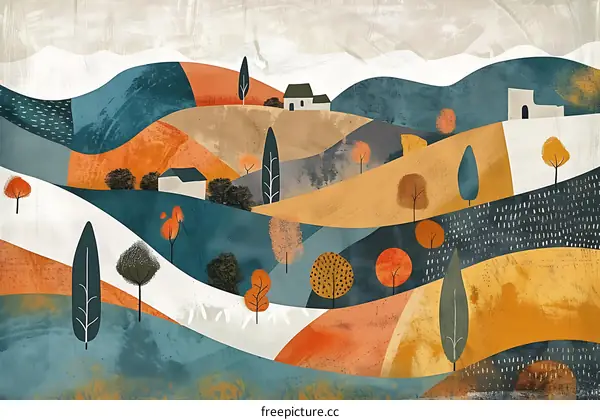 Abstract Autumn Landscape Painting With Hills and Trees