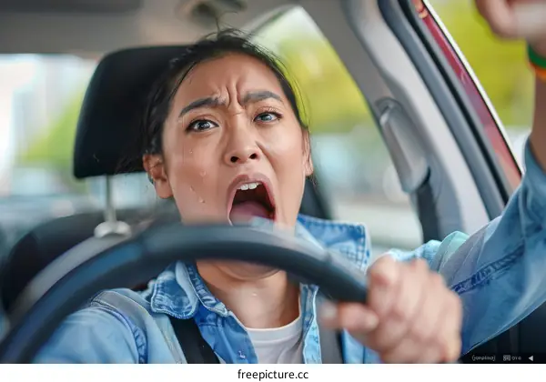 A woman is driving a car and she looks very scared