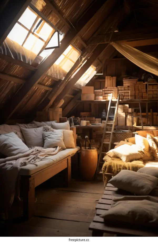 Cozy attic bedroom with skylights and sitting area