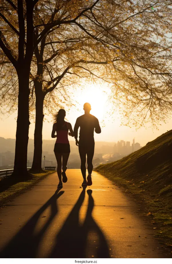 Couple running in park at sunset