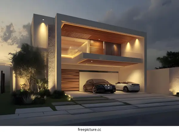 Modern House Design with Wooden Accents and Garage