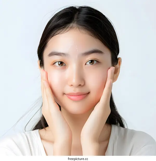 Young Asian Woman Applying Moisturizer on Face