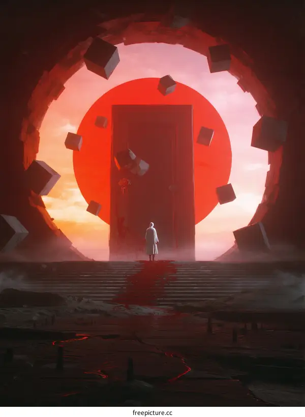 A Mysterious Figure Standing Before a Red Portal with Floating Cubes