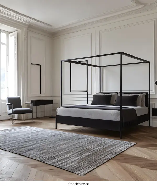 Modern Bedroom Interior Design with Canopy Bed and Grey Rug