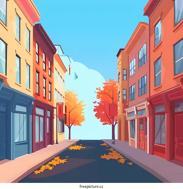 Autumn Street Scene with Colorful Buildings and Falling Leaves