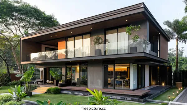 Modern two-story house with large glass windows and a terrace with a garden