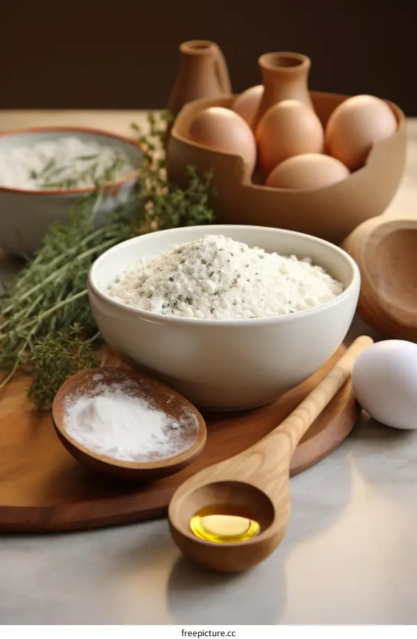 White flour in a wooden bowl with a spoon on a wooden table