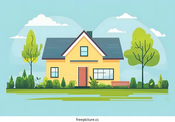 Yellow House with a Green Yard and Blue Sky