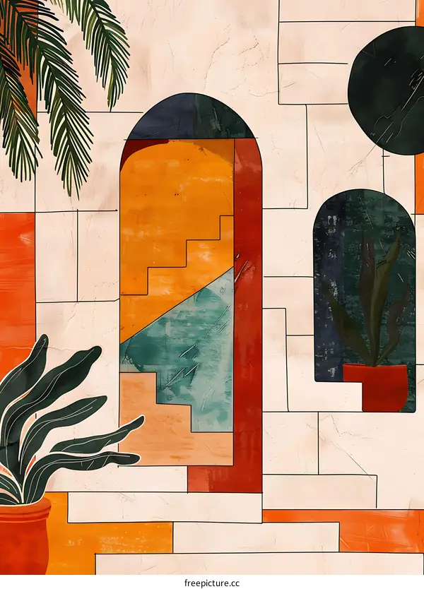 Abstract Geometric Wall Art With Plants and Arched Windows