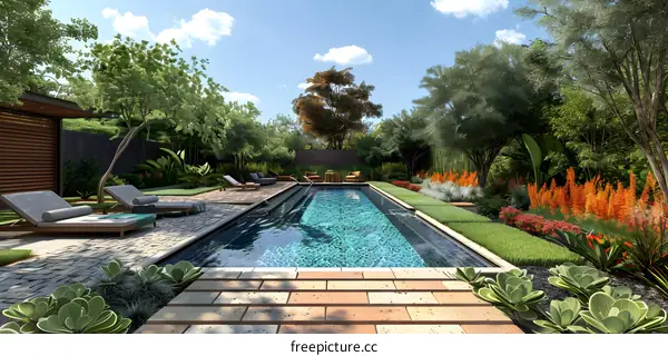 Courtyard with swimming pool and lush garden