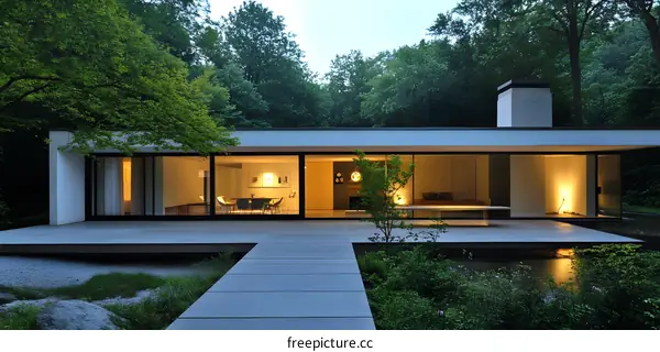 Modern Minimalist House with Large Windows and Pond