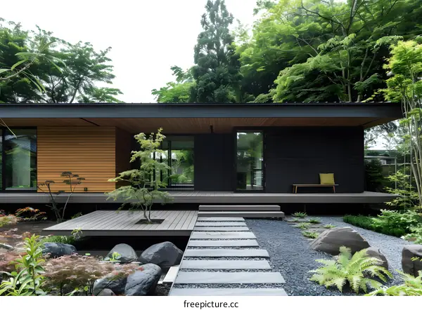 Modern Japanese House with Stone Pathway and Green Garden