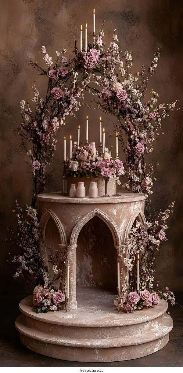 Pink Flower Arch with Candles and Stone Structure