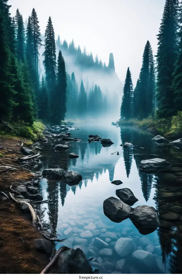 Misty Dawn over Tranquil Mountain Stream