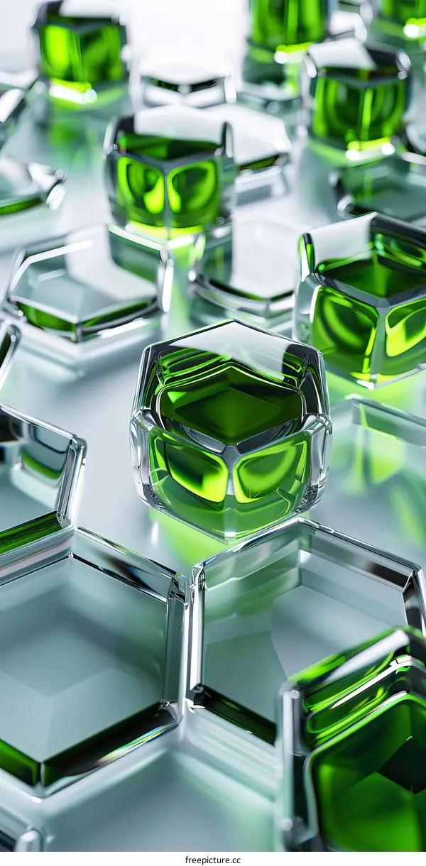 Abstract 3D Rendering of Green Glass Cubes on a White Surface