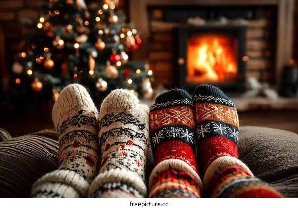 Cozy Christmas Feet with Warm Socks by the Fireplace