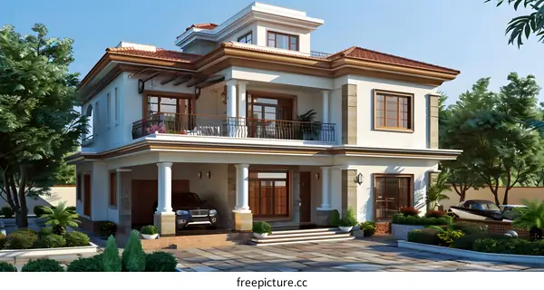 A beautiful two-story house with a balcony and a garage.