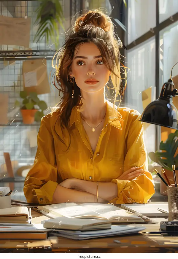 portrait of a beautiful young woman in a yellow blouse sitting at a desk in an office