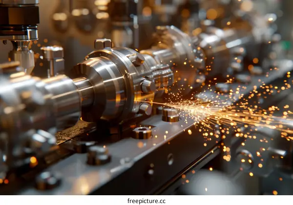 Industrial machinery processes metal with sparks flying