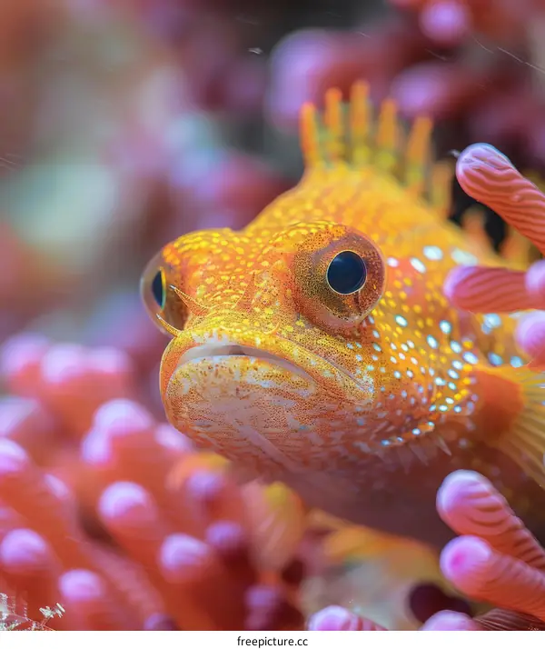 Tiny Orange Fish with Black Eyes Hiding Among Pink Coral