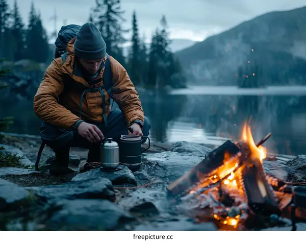 Man making coffee in the wilderness