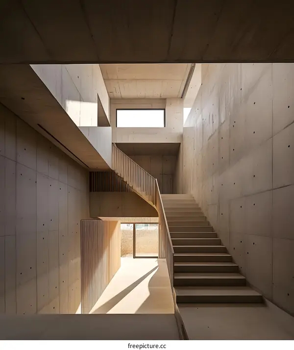 Concrete and Wood Staircase in Modern Building Interior