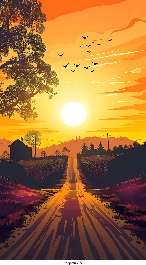 Country Road Sunset Landscape Illustration