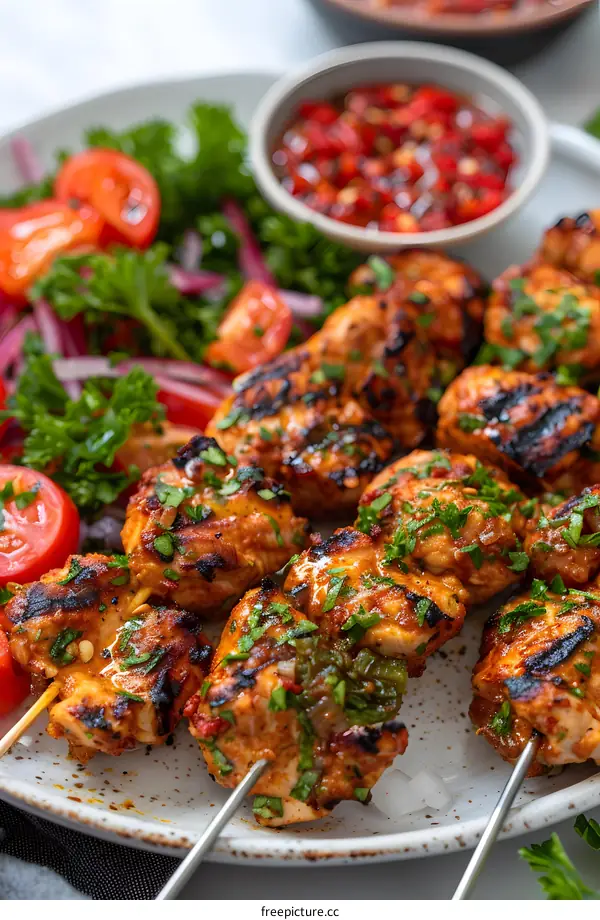 Grilled chicken skewers with tomato salad and spicy sauce