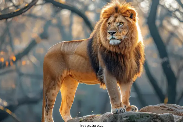 A majestic lion stands on a rock in the middle of a forest