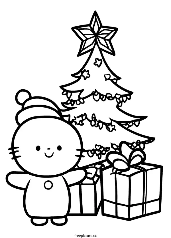 Cute Cartoon Cat with Christmas Tree and Presents Coloring Page