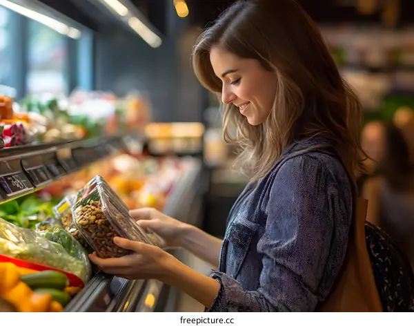 Smiling Woman Shopping for Nuts in Grocery Store