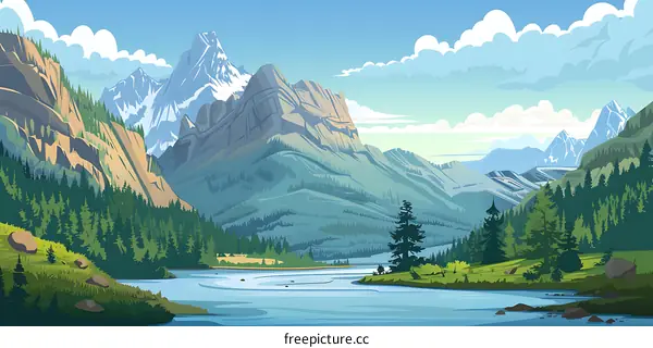 Mountain Landscape With River and Forest