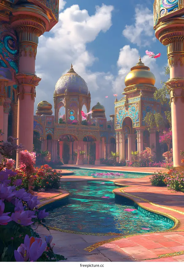 Beautiful Golden Palace with Colorful Gardens and a Winding Waterway