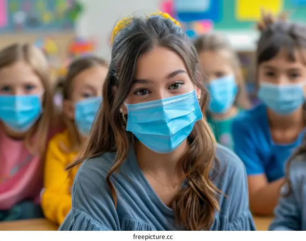 Group of diverse elementary school students wearing facial masks in classroom