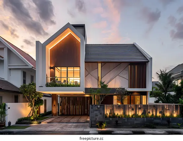 Modern Minimalist House Exterior Design with Wooden Panels and Stone Wall