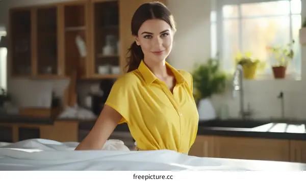Beautiful young woman in yellow blouse standing in the kitchen