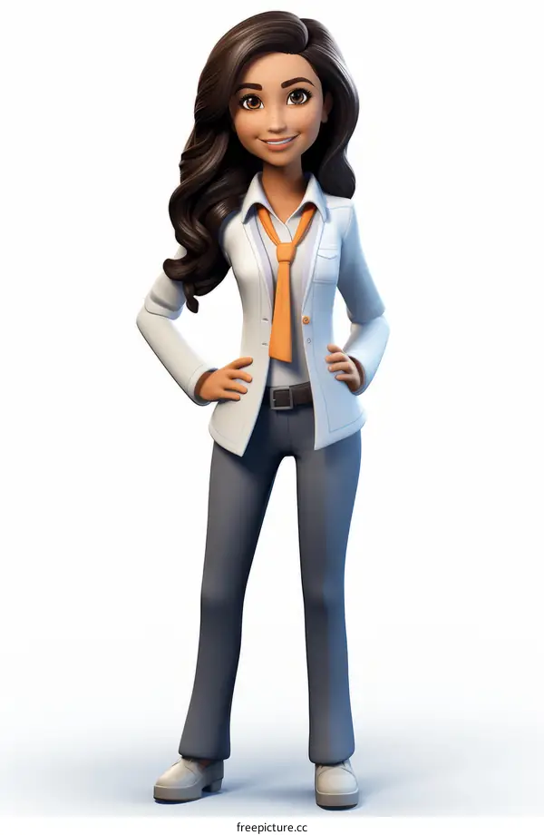 A businesswoman of Indian ethnicity wearing a white lab coat and an orange necktie