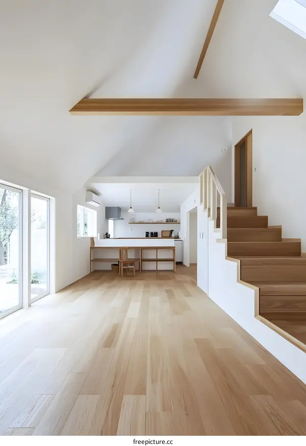 Minimalist White Interior Design with Wooden Stairs and Kitchen
