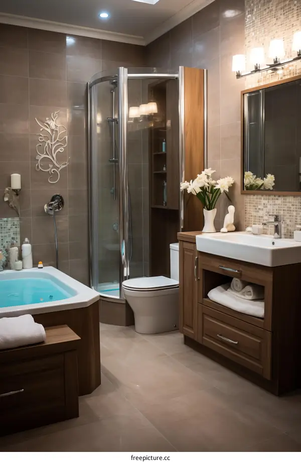 Ensuite bathroom with a large corner shower and a whirlpool tub