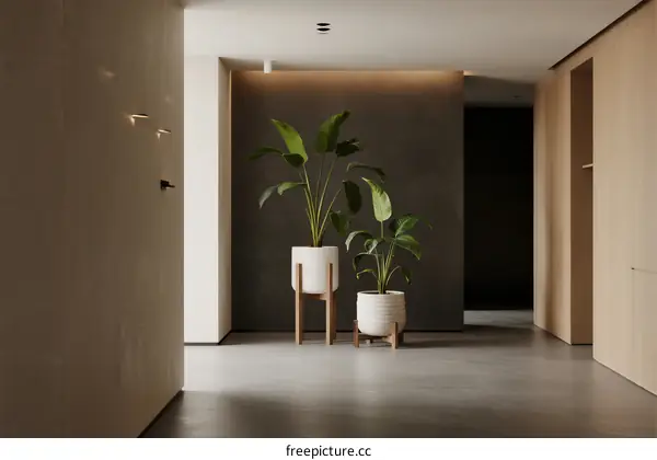 Modern minimalist interior space with green plants decoration