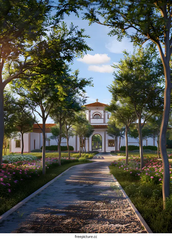 Stone Pathway Leading to White Gate and Building with Red Roof